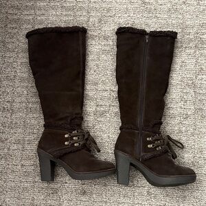 Juicy Couture Dark Brown Suede Heeled WARM Boots Size 8 Like New Sherpa Lining